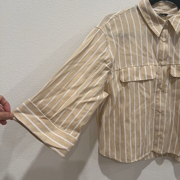 Zara Women’s button down Striped Cropped Shirt Sz M Metallic Preppy Casual Chic - Picture 2 of 7